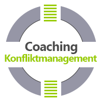 Coaching Aschaffenburg - das Bild besteht aus einem weißen und grauen Kreis, der graue Kreis wird horizontal durch einen weißen Balken durchbrochen. In diesem Symbol steht der Text Coaching Konfliktmanagement