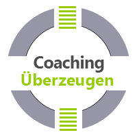 Coaching Aschaffenburg - das Bild besteht aus einem weißen und grauen Kreis, der graue Kreis wird horizontal durch einen weißen Balken durchbrochen. In diesem Symbol steht der Text Coaching Überzeugen
